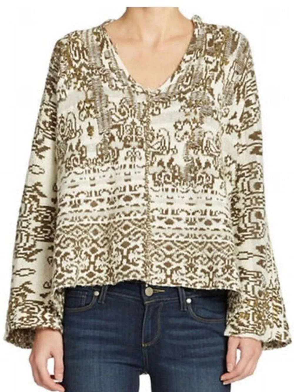 Free People Raggy Wool Blend Hooded Oversize Relaxed Sweater V-Neck Olive Beige